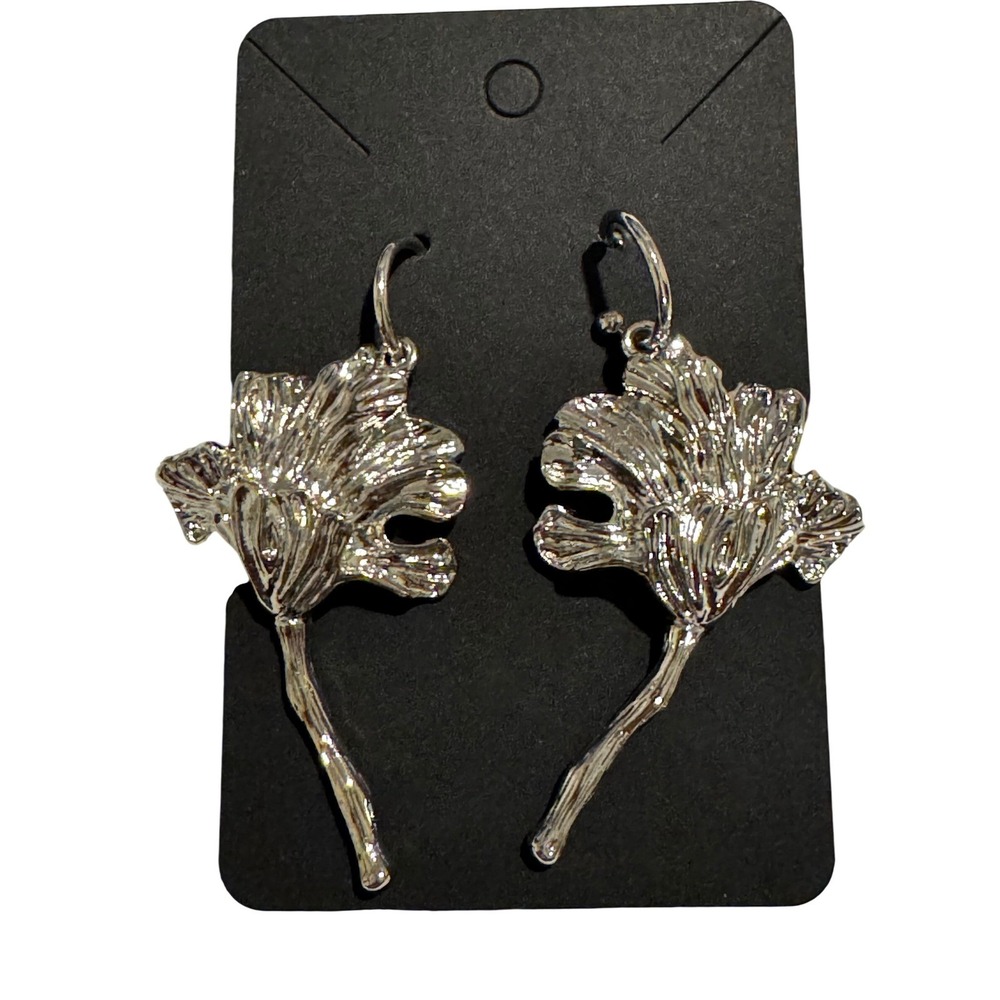 Silver Tone Textured Flower Drop Earrings Statement Botanical Long Stem Dangle